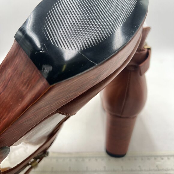 YDN Brown Retro Platform Cross Strap Buckles Ankle Boot Closed Toe Mid Heel Boot - Picture 5 of 7